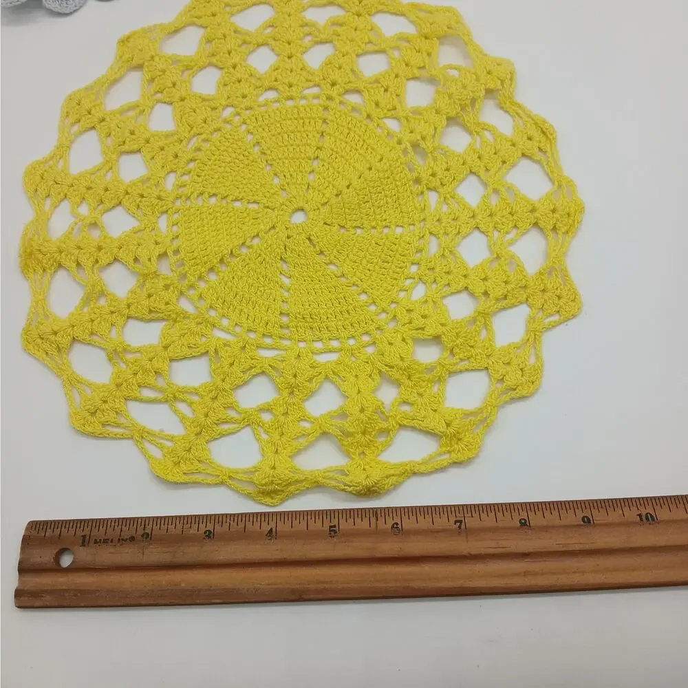 Vintage Handmade Crocheted  Doily Kitchen Round Yellow and Blue Doilies Set of 5 - Picture 7 of 11